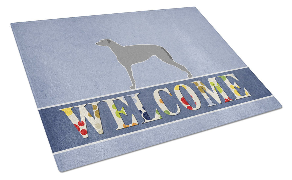 Scottish Deerhound Welcome Cutting Board Tempered Glass Kitchen Cutting Surface, Heat Resistant Chopping, Non-Slip Feet, Food Prep & Serving