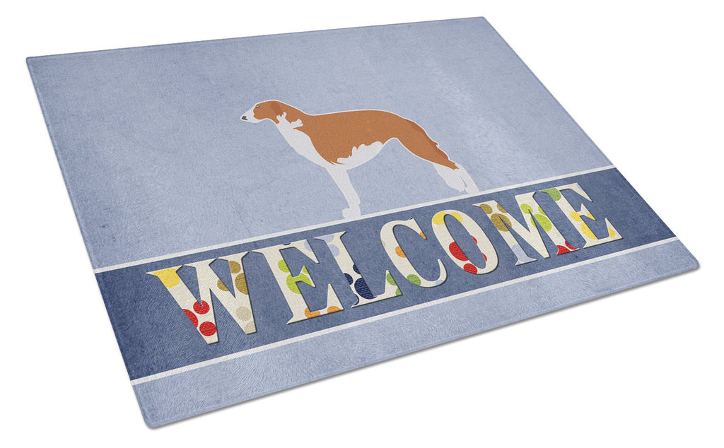 Borzoi Russian Greyhound Welcome Cutting Board Tempered Glass Kitchen Cutting Surface, Heat Resistant Chopping, Non-Slip Feet, Food Prep & Serving