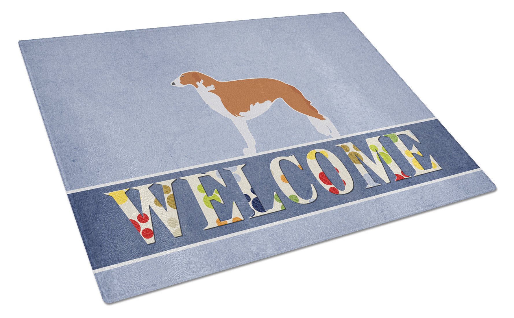 Borzoi Russian Greyhound Welcome Cutting Board Tempered Glass Kitchen Cutting Surface, Heat Resistant Chopping, Non-Slip Feet, Food Prep & Serving