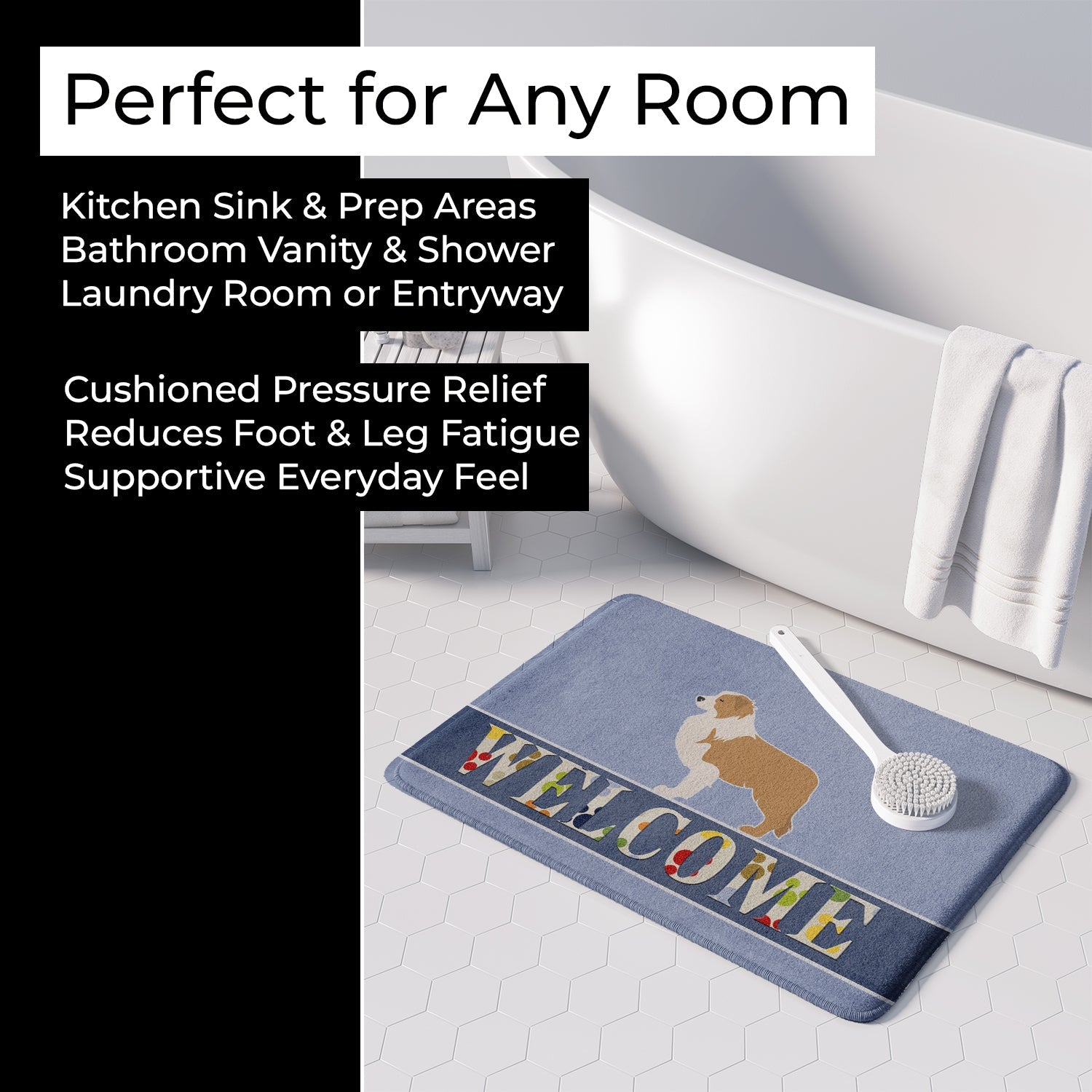 Red Border Collie Welcome Memory Foam Kitchen Mat Machine Washable Anti-Fatigue Cushion Comfort Bath or Kitchen Rug