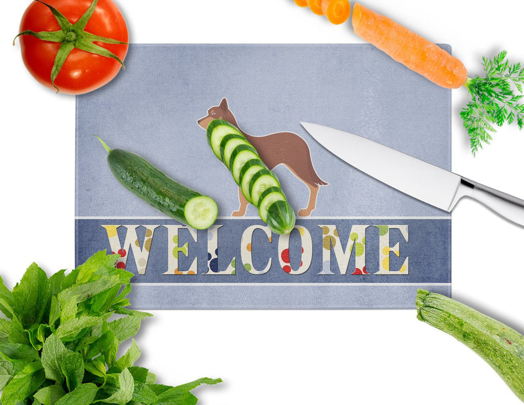 Australian Kelpie Dog Welcome Cutting Board Tempered Glass Kitchen Cutting Surface, Heat Resistant Chopping, Non-Slip Feet, Food Prep & Serving