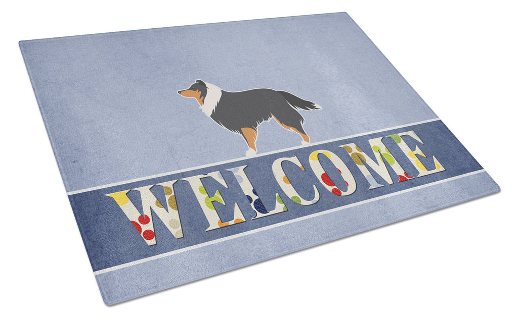 Sheltie/Shetland Sheepdog Welcome Cutting Board Tempered Glass Kitchen Cutting Surface, Heat Resistant Chopping, Non-Slip Feet, Food Prep & Serving
