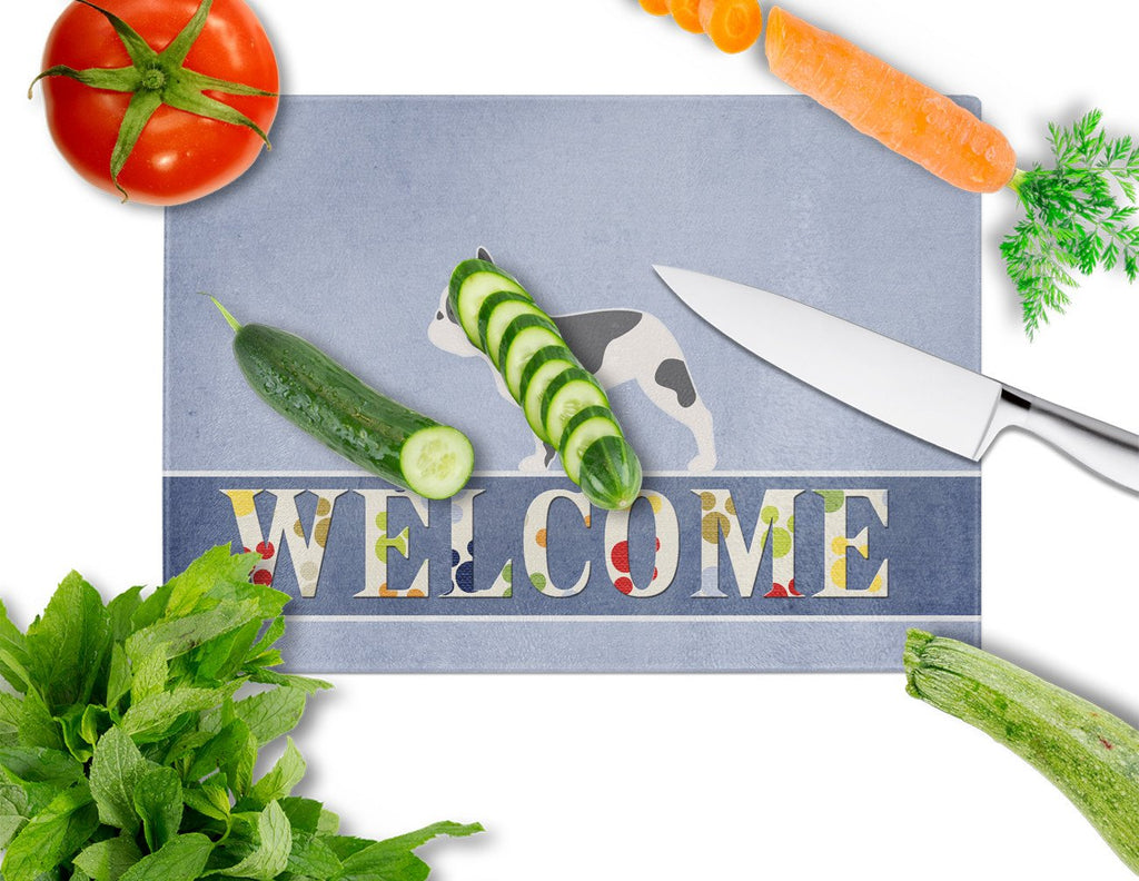 French Bulldog Welcome Cutting Board Tempered Glass Kitchen Cutting Surface, Heat Resistant Chopping, Non-Slip Feet, Food Prep & Serving