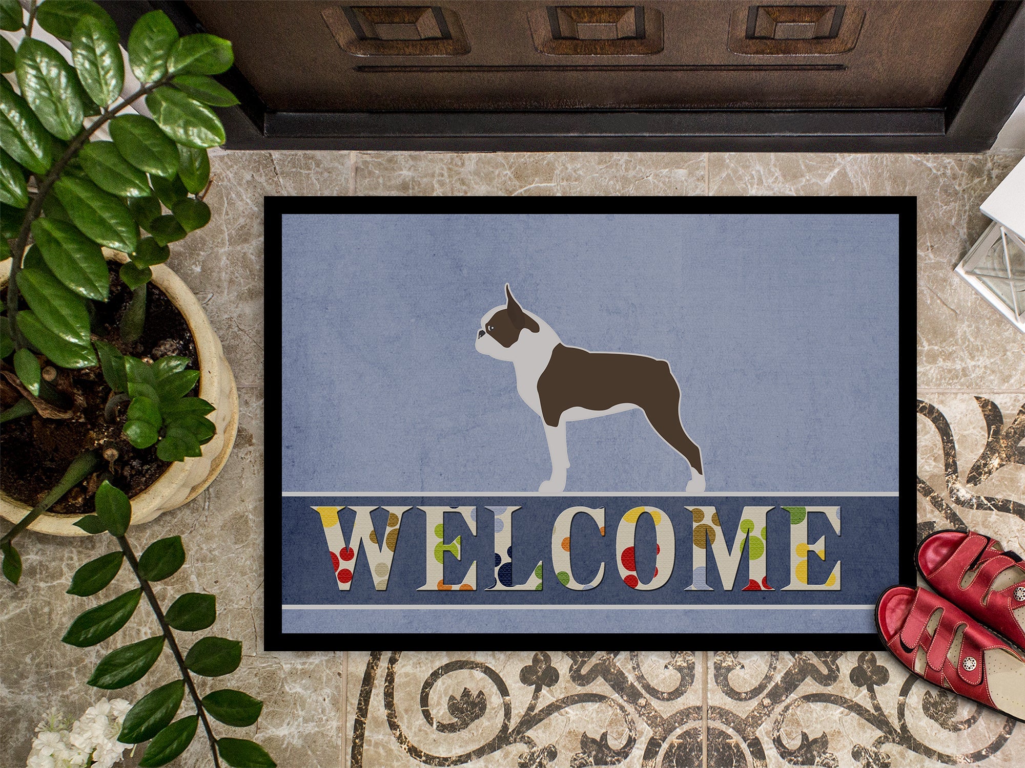 Boston Terrier Welcome Doormat Indoor Outdoor 24H X 36W Front Door Mat Rugs for Entryway, Non Slip Washable Low Pile,