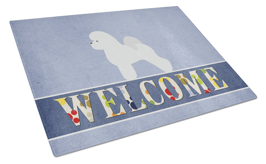 Bichon Frise Welcome Cutting Board Tempered Glass Kitchen Cutting Surface, Heat Resistant Chopping, Non-Slip Feet, Food Prep & Serving
