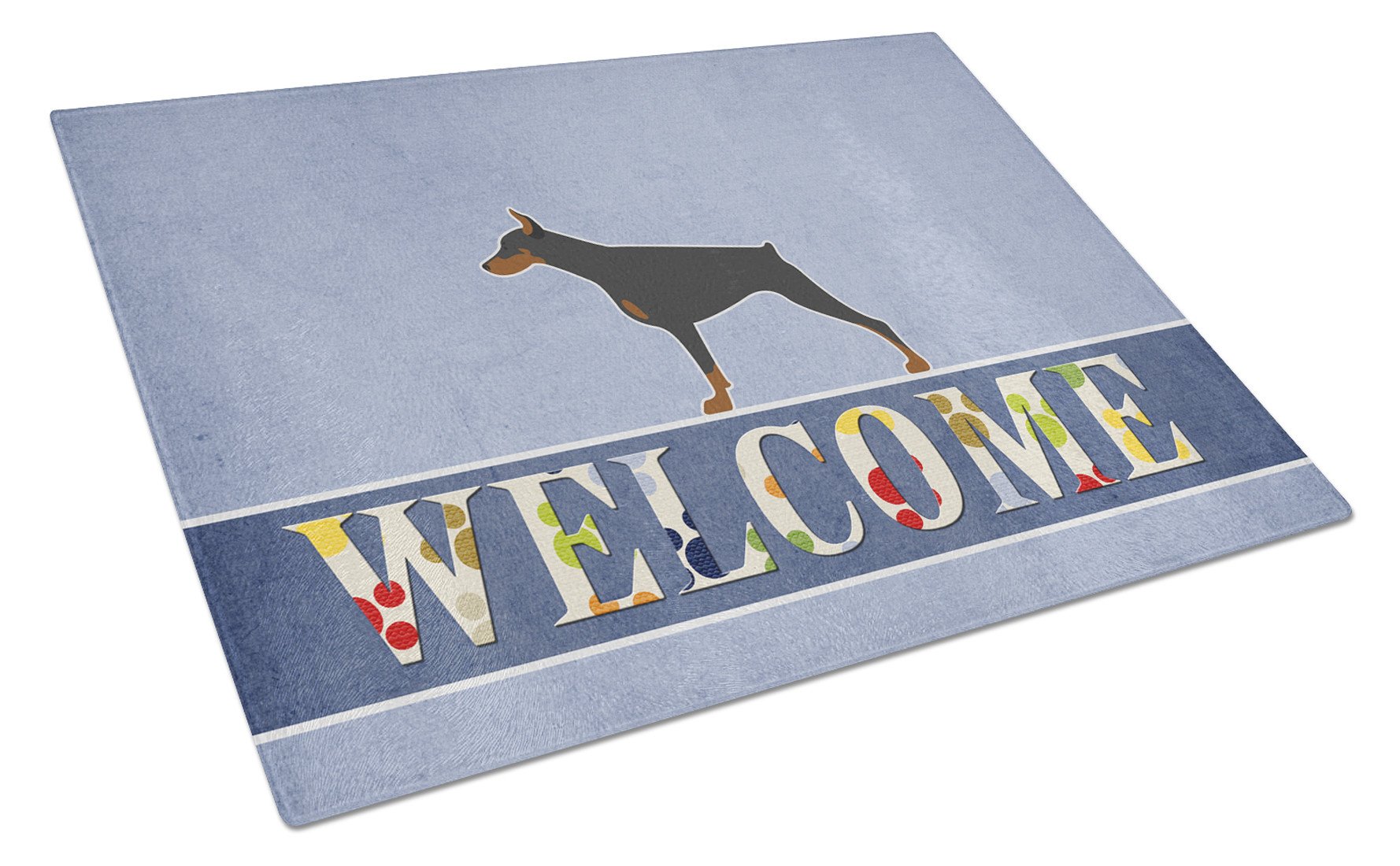 Doberman Pinscher Welcome Cutting Board Tempered Glass Kitchen Cutting Surface, Heat Resistant Chopping, Non-Slip Feet, Food Prep & Serving