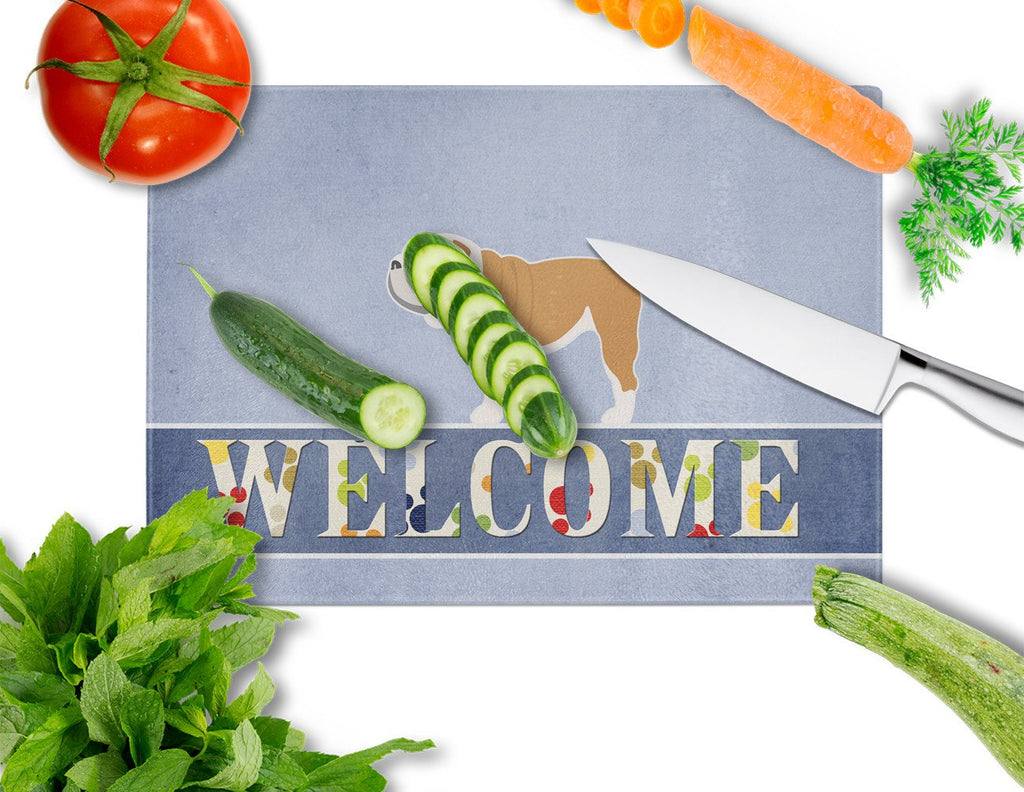 English Bulldog Welcome Cutting Board Tempered Glass Kitchen Cutting Surface, Heat Resistant Chopping, Non-Slip Feet, Food Prep & Serving