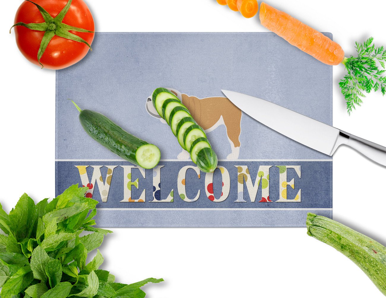 English Bulldog Welcome Cutting Board Tempered Glass Kitchen Cutting Surface, Heat Resistant Chopping, Non-Slip Feet, Food Prep & Serving