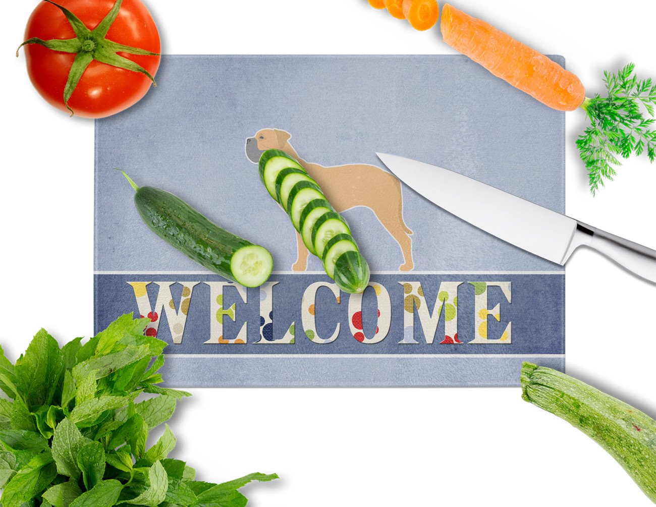 Bullmastiff Welcome Cutting Board Tempered Glass Kitchen Cutting Surface, Heat Resistant Chopping, Non-Slip Feet, Food Prep & Serving