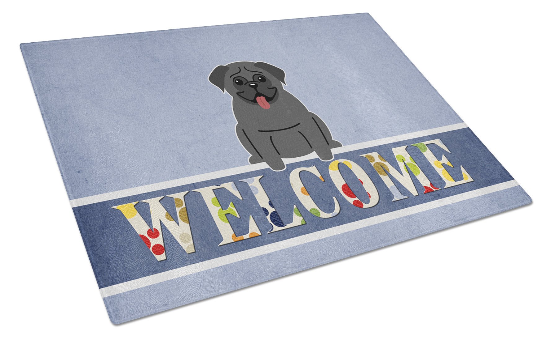 Pug Black Welcome Cutting Board Tempered Glass Kitchen Cutting Surface, Heat Resistant Chopping, Non-Slip Feet, Food Prep & Serving