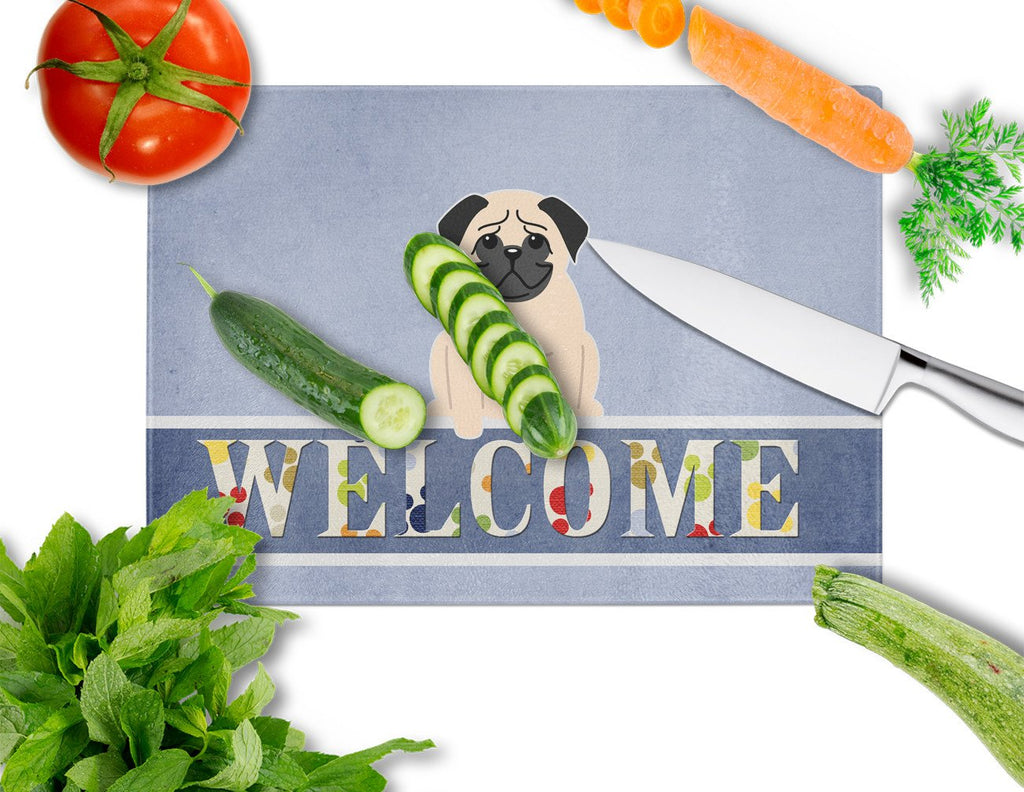 Pug Fawn Welcome Cutting Board Tempered Glass Kitchen Cutting Surface, Heat Resistant Chopping, Non-Slip Feet, Food Prep & Serving