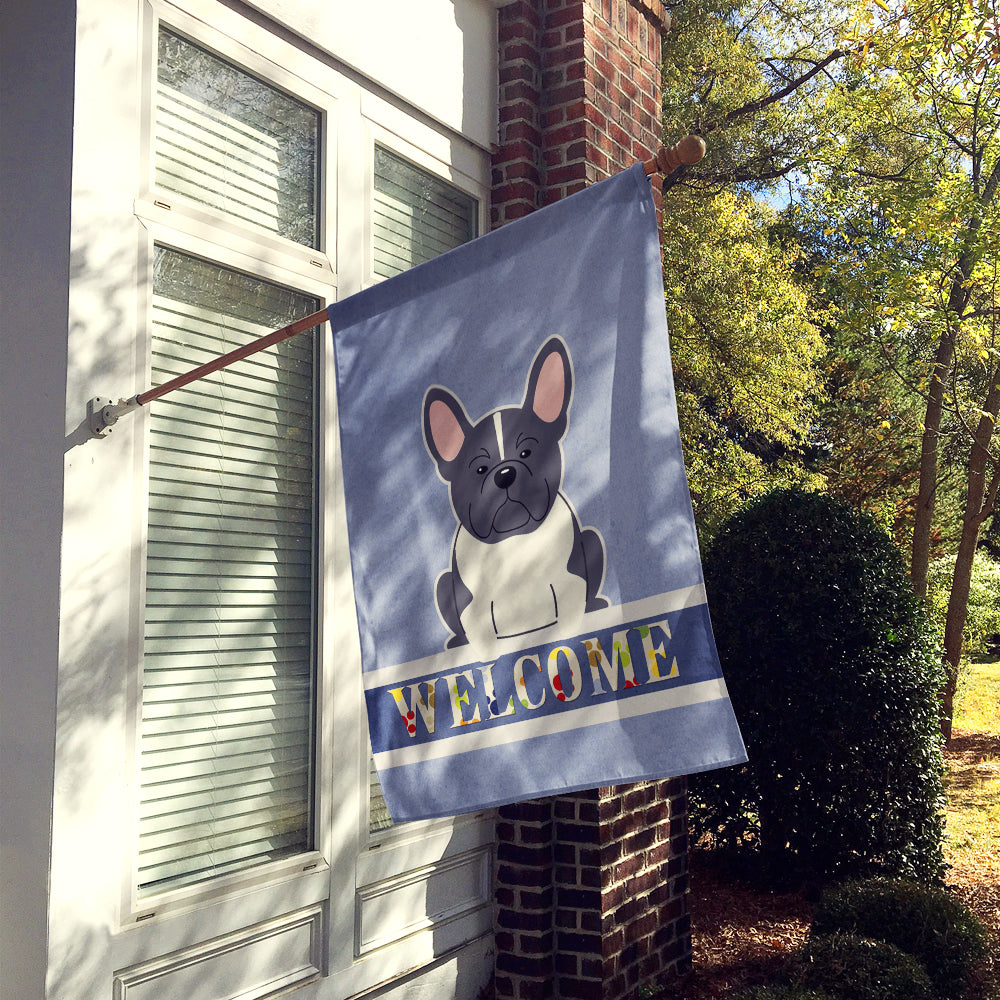 French Bulldog Black White Welcome House Flag 28x40 Porch Sleeve Pole Decorative Outside Yard Banner Artwork Wall Hanging, Polyester