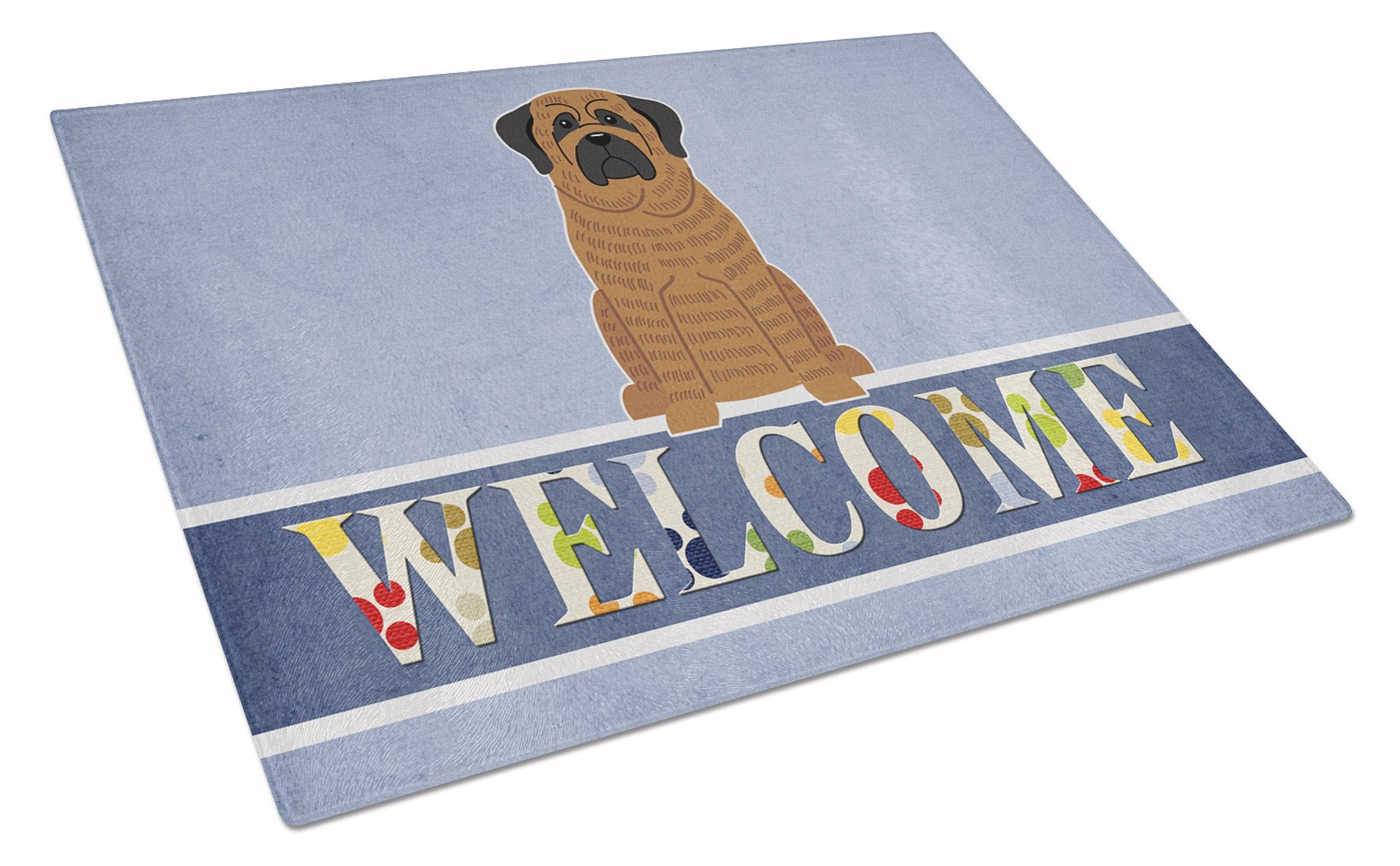 Mastiff Brindle Welcome Cutting Board Tempered Glass Kitchen Cutting Surface, Heat Resistant Chopping, Non-Slip Feet, Food Prep & Serving