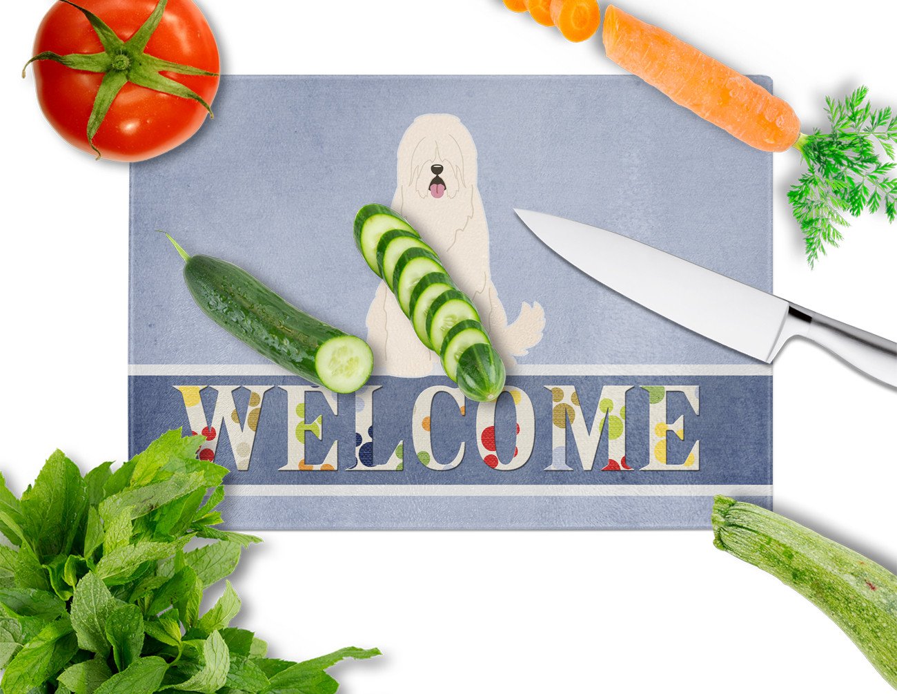 South Russian Sheepdog Welcome Cutting Board Tempered Glass Kitchen Cutting Surface, Heat Resistant Chopping, Non-Slip Feet, Food Prep & Serving