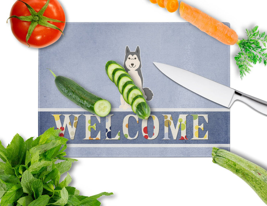 West Siberian Laika Spitz Welcome Cutting Board Tempered Glass Kitchen Cutting Surface, Heat Resistant Chopping, Non-Slip Feet, Food Prep & Serving