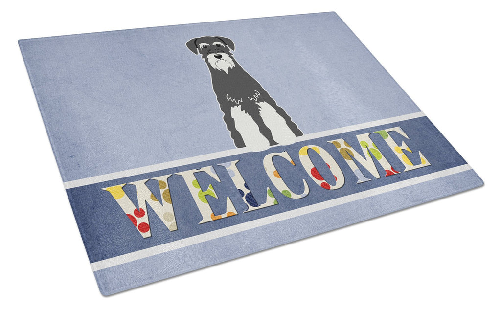 Standard Schnauzer Salt and Pepper Welcome Cutting Board Tempered Glass Kitchen Cutting Surface, Heat Resistant Chopping, Non-Slip Feet, Food Prep & Serving