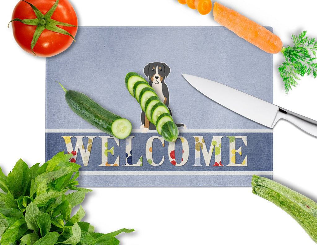Greater Swiss Mountain Dog Welcome Cutting Board Tempered Glass Kitchen Cutting Surface, Heat Resistant Chopping, Non-Slip Feet, Food Prep & Serving