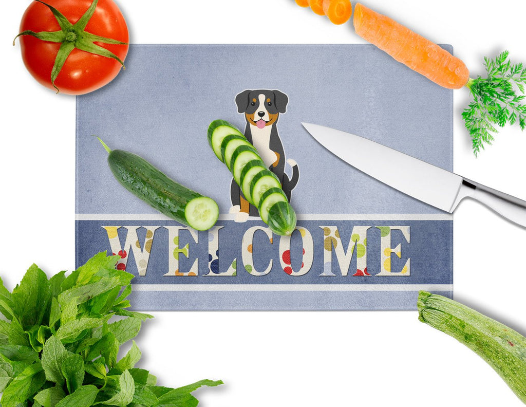 Entlebucher Welcome Cutting Board Tempered Glass Kitchen Cutting Surface, Heat Resistant Chopping, Non-Slip Feet, Food Prep & Serving