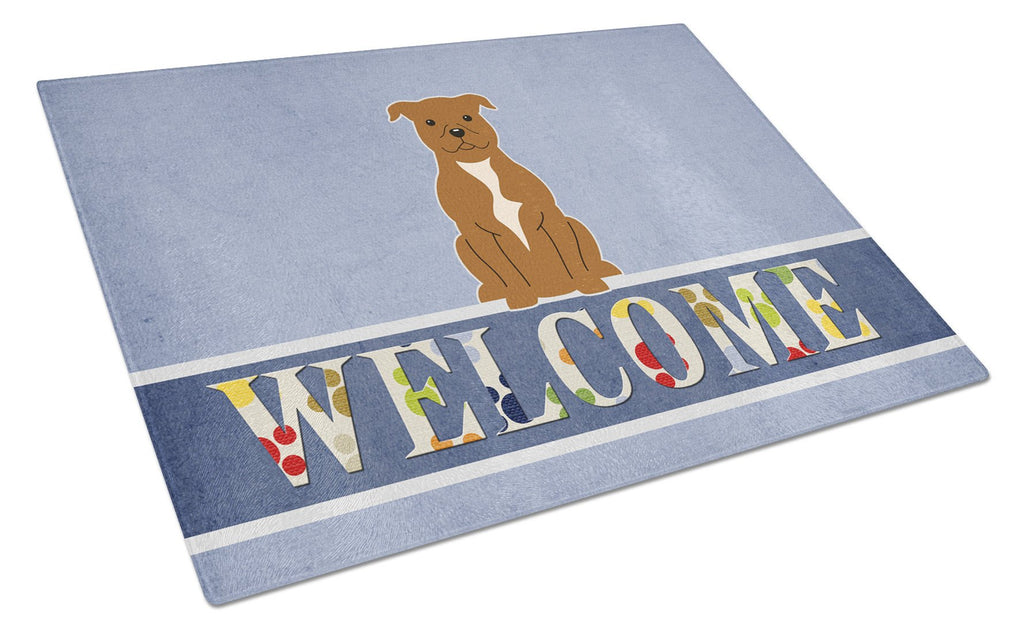 Staffordshire Bull Terrier Brown Welcome Cutting Board Tempered Glass Kitchen Cutting Surface, Heat Resistant Chopping, Non-Slip Feet, Food Prep & Serving