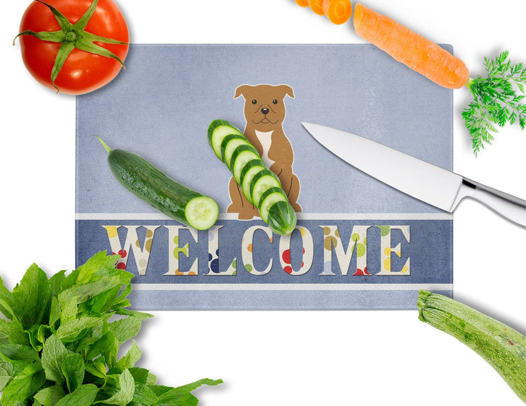 Staffordshire Bull Terrier Brown Welcome Cutting Board Tempered Glass Kitchen Cutting Surface, Heat Resistant Chopping, Non-Slip Feet, Food Prep & Serving