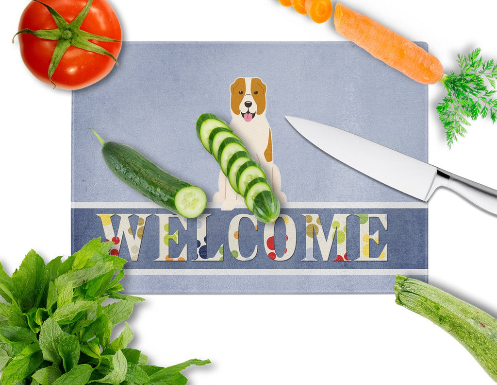 Central Asian Shepherd Dog Welcome Cutting Board Tempered Glass Kitchen Cutting Surface, Heat Resistant Chopping, Non-Slip Feet, Food Prep & Serving