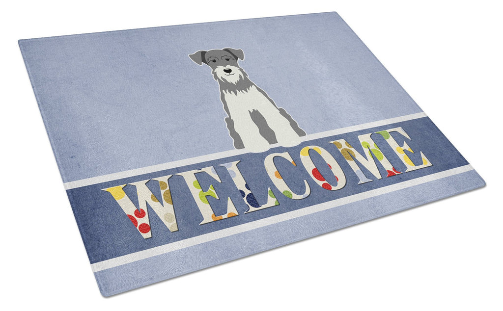 Miniature Schnauzer Salt and Pepper Welcome Cutting Board Tempered Glass Kitchen Cutting Surface, Heat Resistant Chopping, Non-Slip Feet, Food Prep & Serving