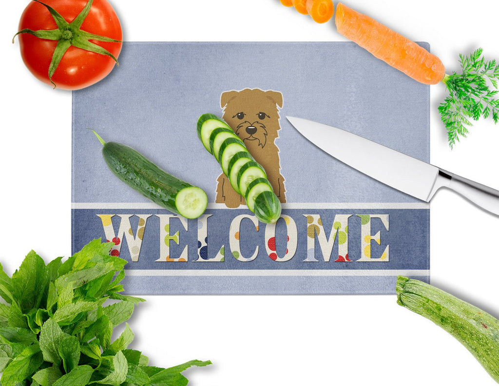 Glen of Imal Tan Welcome Cutting Board Tempered Glass Kitchen Cutting Surface, Heat Resistant Chopping, Non-Slip Feet, Food Prep & Serving
