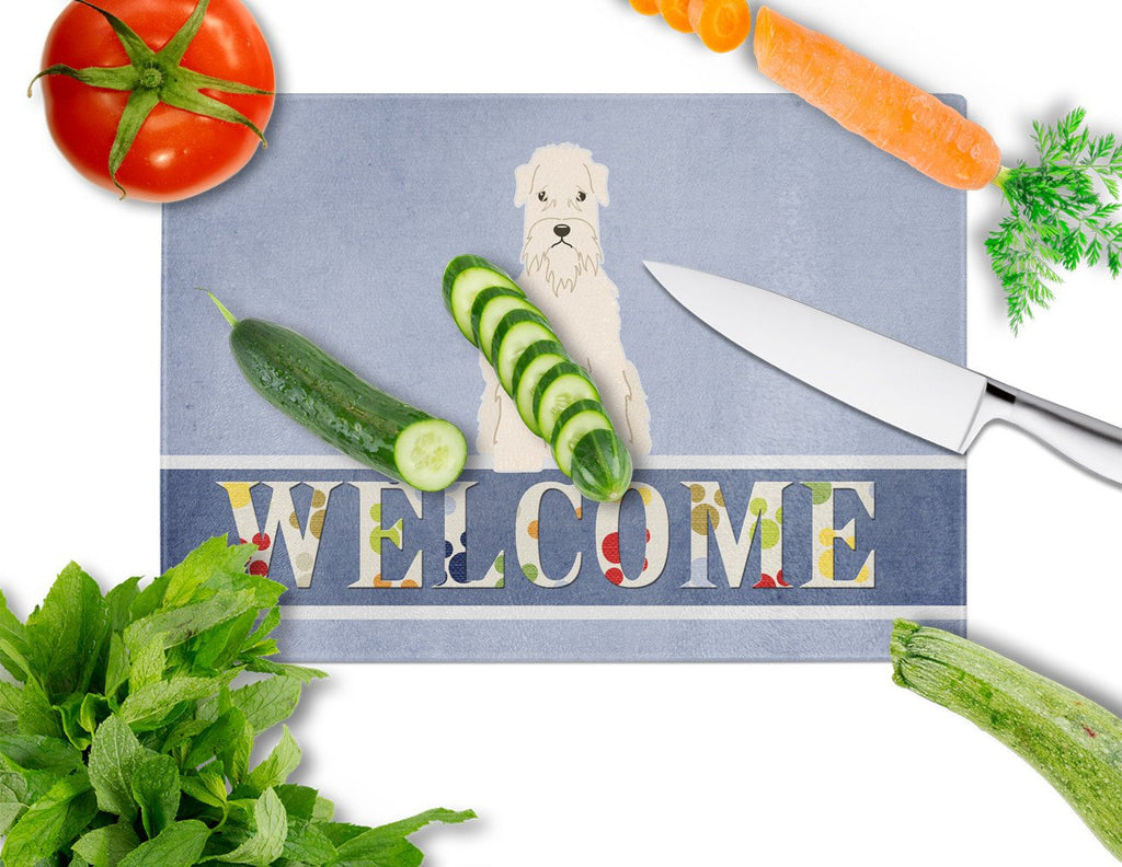 Soft Coated Wheaten Terrier Welcome Cutting Board Tempered Glass Kitchen Cutting Surface, Heat Resistant Chopping, Non-Slip Feet, Food Prep & Serving