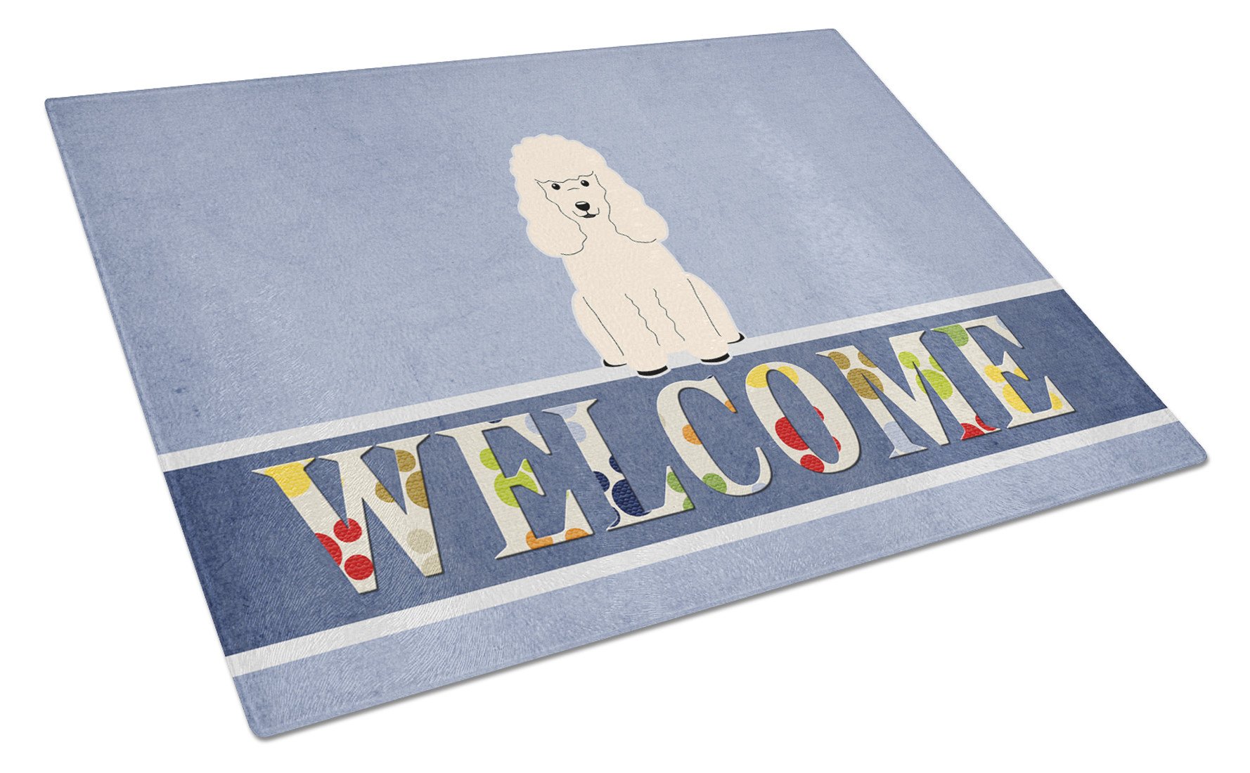Poodle White Welcome Cutting Board Tempered Glass Kitchen Cutting Surface, Heat Resistant Chopping, Non-Slip Feet, Food Prep & Serving