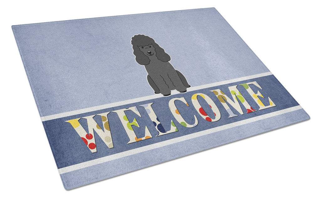 Poodle Black Welcome Cutting Board Tempered Glass Kitchen Cutting Surface, Heat Resistant Chopping, Non-Slip Feet, Food Prep & Serving