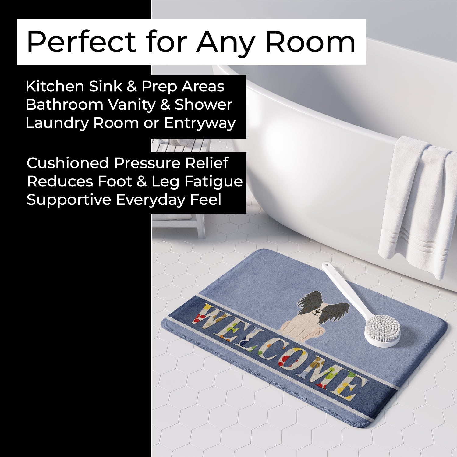 Papillon Black White Welcome Memory Foam Kitchen Mat Machine Washable Anti-Fatigue Cushion Comfort Bath or Kitchen Rug
