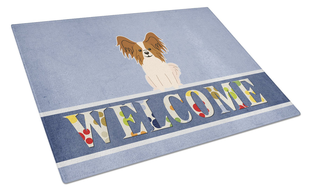 Papillon Red White Welcome Cutting Board Tempered Glass Kitchen Cutting Surface, Heat Resistant Chopping, Non-Slip Feet, Food Prep & Serving