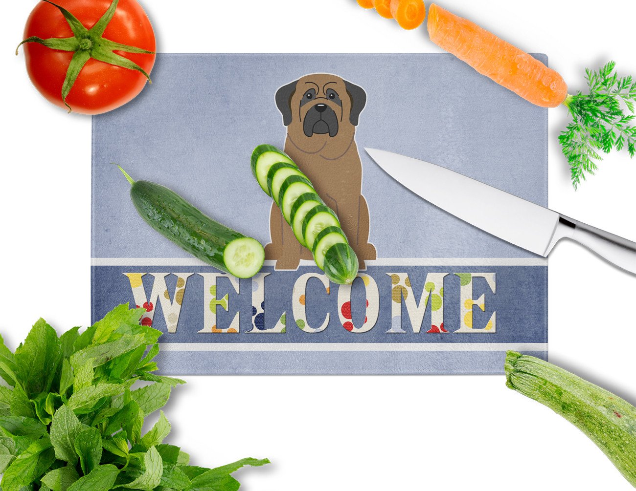 Bullmastiff Welcome Cutting Board Tempered Glass Kitchen Cutting Surface, Heat Resistant Chopping, Non-Slip Feet, Food Prep & Serving