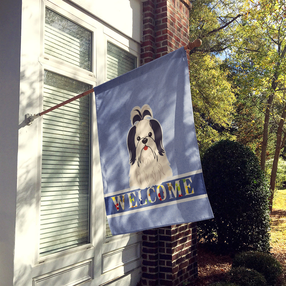 Shih Tzu Black White Welcome House Flag 28x40 Porch Sleeve Pole Decorative Outside Yard Banner Artwork Wall Hanging, Polyester