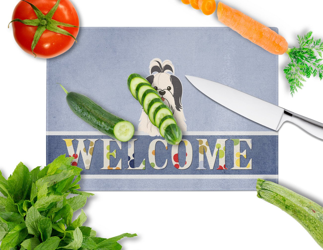 Shih Tzu Black White Welcome Cutting Board Tempered Glass Kitchen Cutting Surface, Heat Resistant Chopping, Non-Slip Feet, Food Prep & Serving
