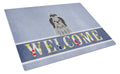 Shih Tzu Black Silver Welcome Cutting Board Tempered Glass Kitchen Cutting Surface, Heat Resistant Chopping, Non-Slip Feet, Food Prep & Serving