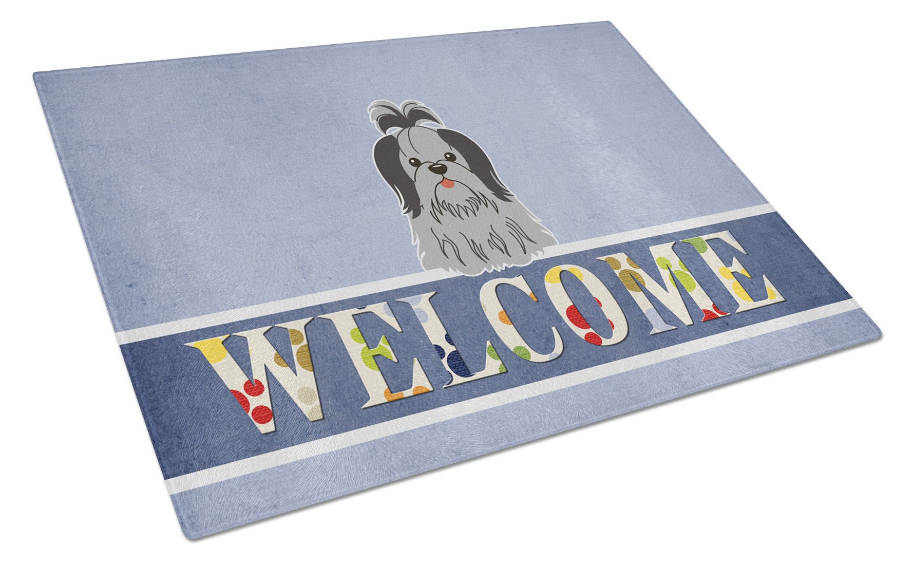 Shih Tzu Black Silver Welcome Cutting Board Tempered Glass Kitchen Cutting Surface, Heat Resistant Chopping, Non-Slip Feet, Food Prep & Serving