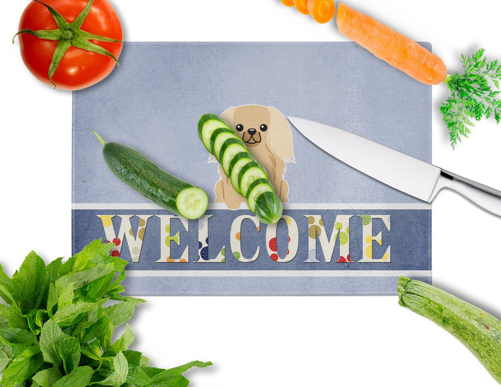 Pekingese Fawn Sable Welcome Cutting Board Tempered Glass Kitchen Cutting Surface, Heat Resistant Chopping, Non-Slip Feet, Food Prep & Serving