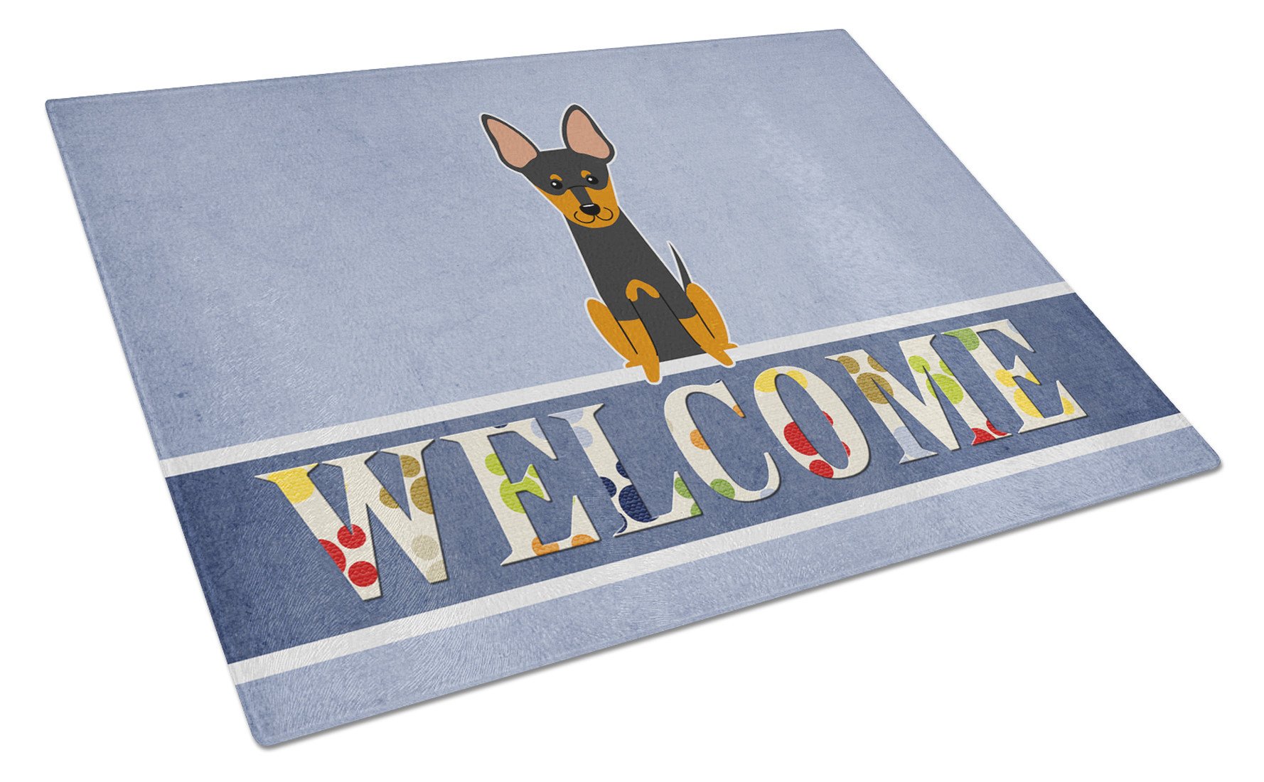 English Toy Terrier Welcome Cutting Board Tempered Glass Kitchen Cutting Surface, Heat Resistant Chopping, Non-Slip Feet, Food Prep & Serving