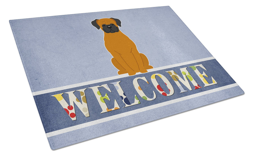 Fawn Boxer Welcome Cutting Board Tempered Glass Kitchen Cutting Surface, Heat Resistant Chopping, Non-Slip Feet, Food Prep & Serving