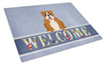 English Bulldog Red White Welcome Cutting Board Tempered Glass Kitchen Cutting Surface, Heat Resistant Chopping, Non-Slip Feet, Food Prep & Serving