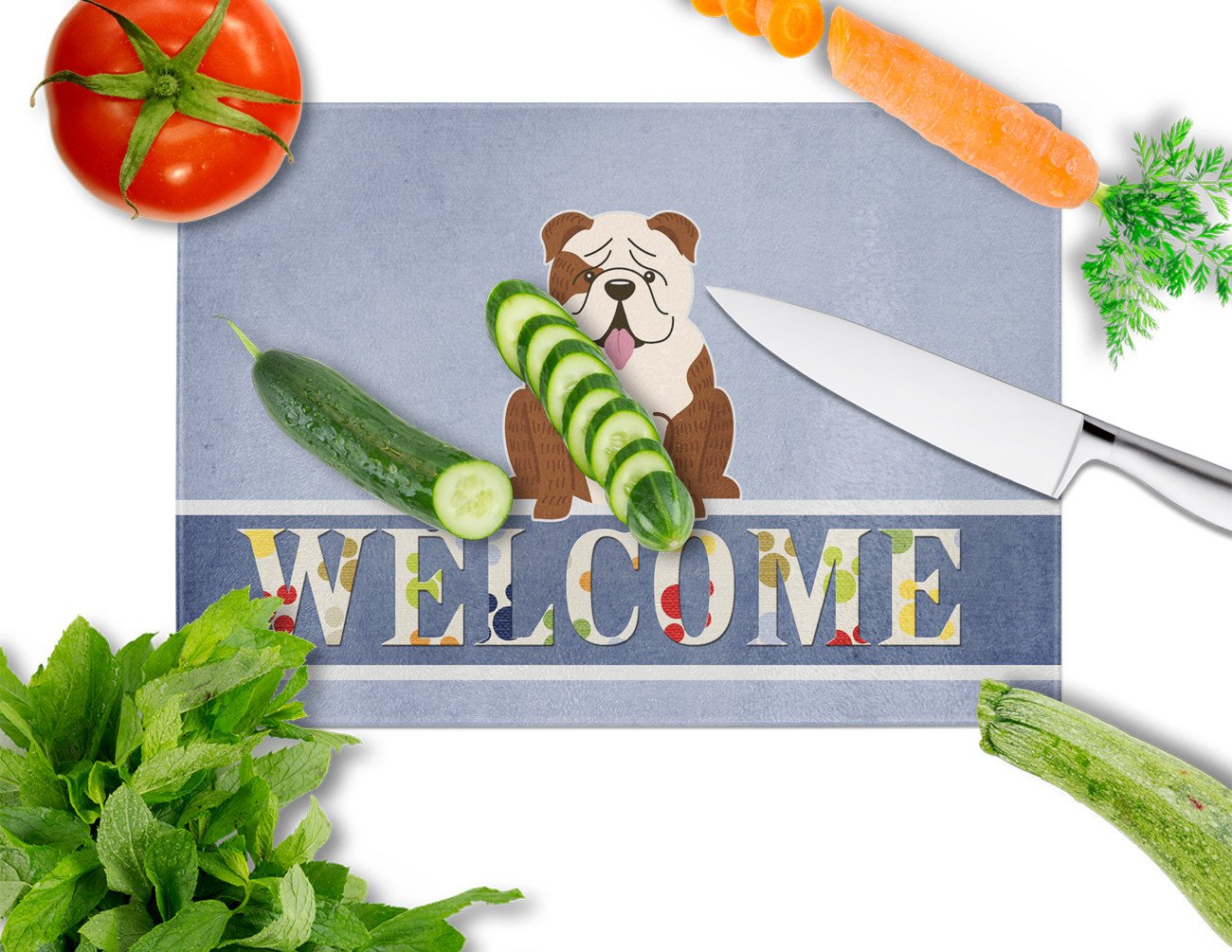 English Bulldog Brindle White Welcome Cutting Board Tempered Glass Kitchen Cutting Surface, Heat Resistant Chopping, Non-Slip Feet, Food Prep & Serving