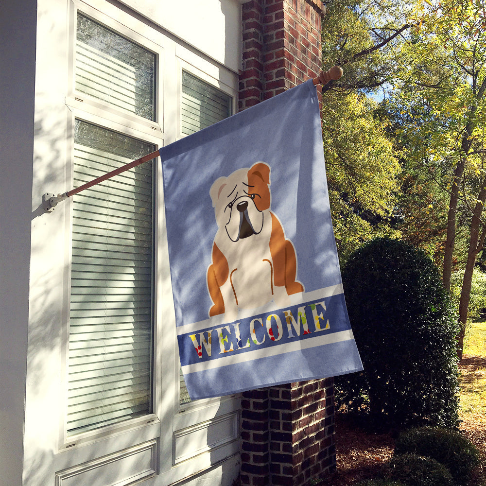 English Bulldog Fawn White Welcome House Flag 28x40 Porch Sleeve Pole Decorative Outside Yard Banner Artwork Wall Hanging, Polyester