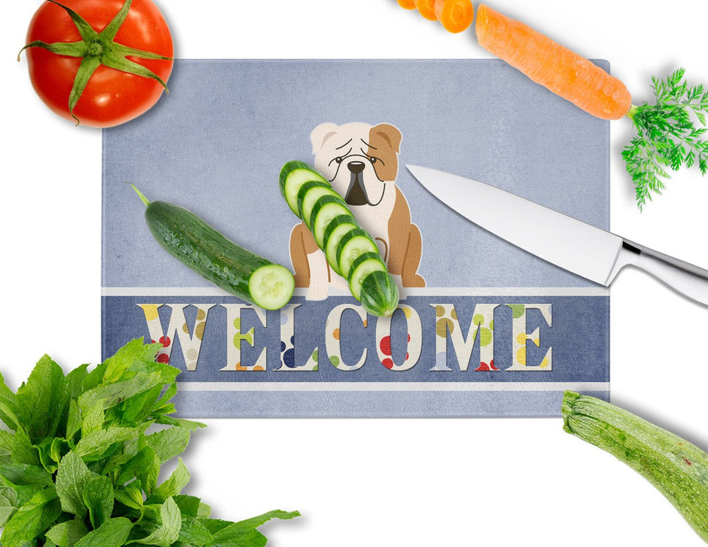 English Bulldog Fawn White Welcome Cutting Board Tempered Glass Kitchen Cutting Surface, Heat Resistant Chopping, Non-Slip Feet, Food Prep & Serving