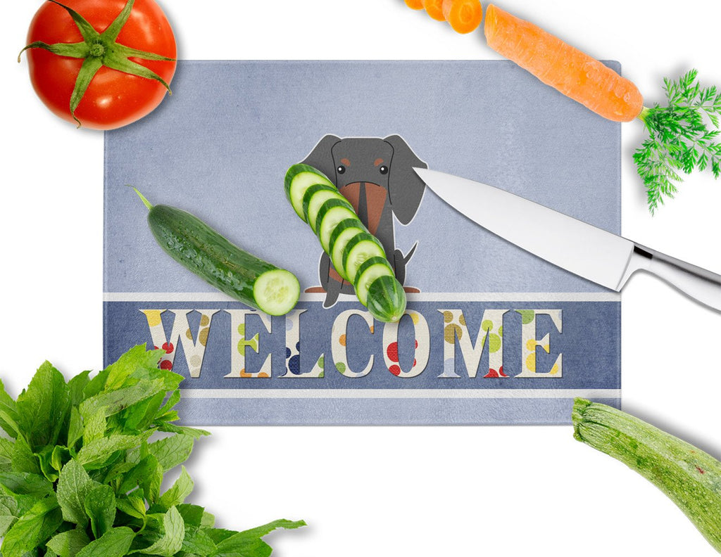 Dachshund Black Tan Welcome Cutting Board Tempered Glass Kitchen Cutting Surface, Heat Resistant Chopping, Non-Slip Feet, Food Prep & Serving