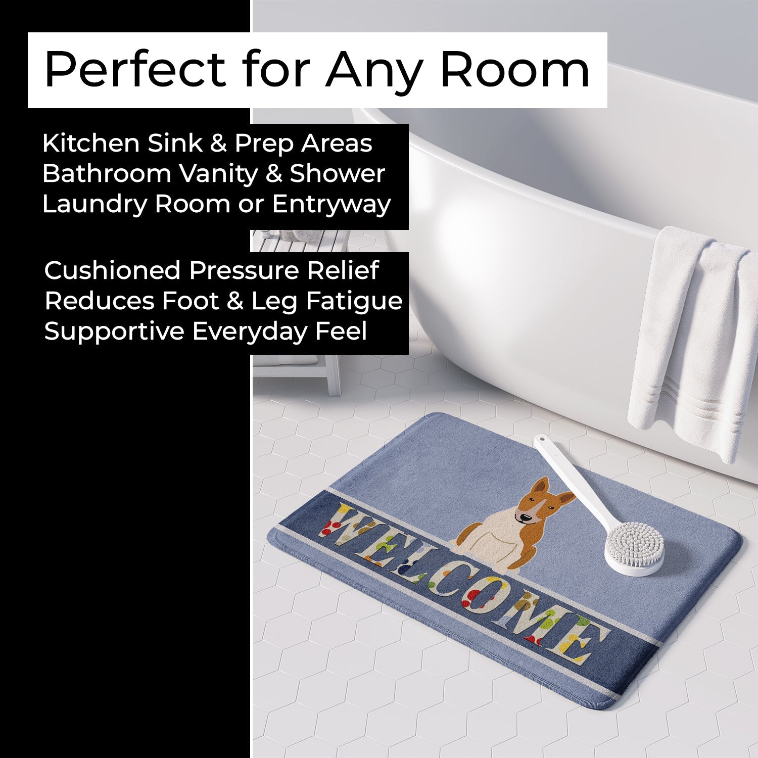 Bull Terrier Red White Welcome Memory Foam Kitchen Mat Machine Washable Anti-Fatigue Cushion Comfort Bath or Kitchen Rug