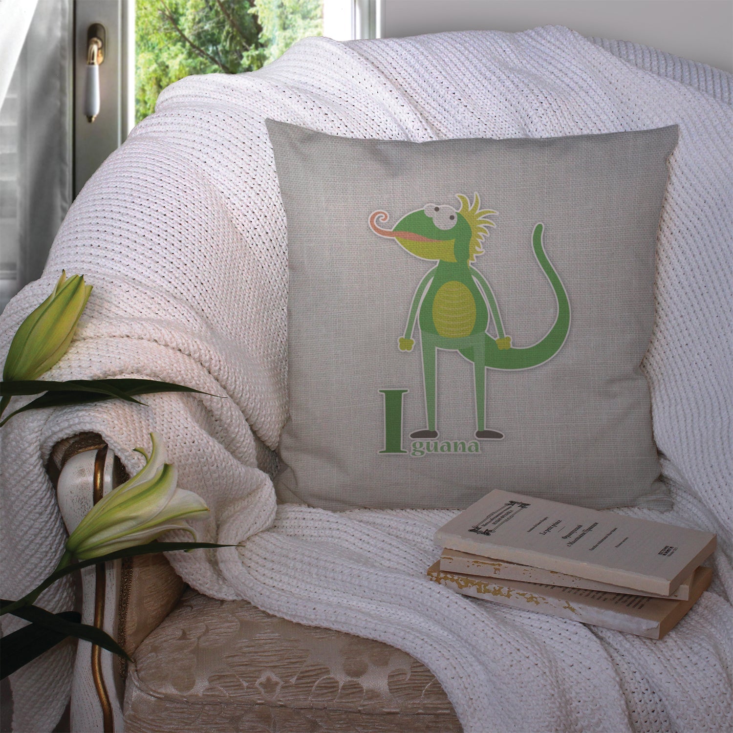 Alphabet I for Iguana Decorative Throw Pillow 14x14 Indoor Outdoor Accent Cushion, Fabric Cover with Insert for Sofa, Bed, Porch & Living Room