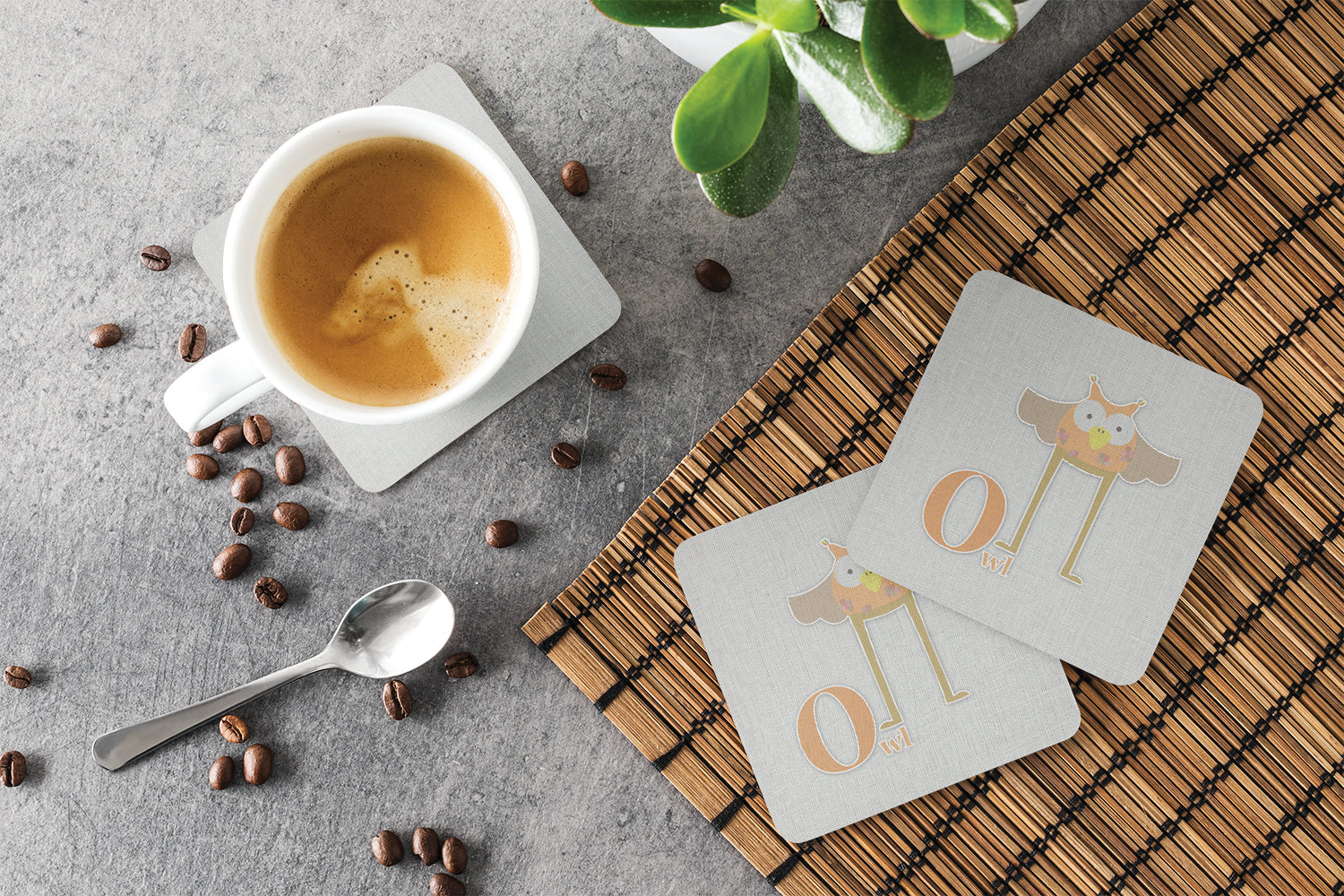 Alphabet O for Owl Foam Coasters Set of 4 Cup Coasters for Indoor Outdoor, Tabletop Protection, Anti Slip, Mouse pad Material