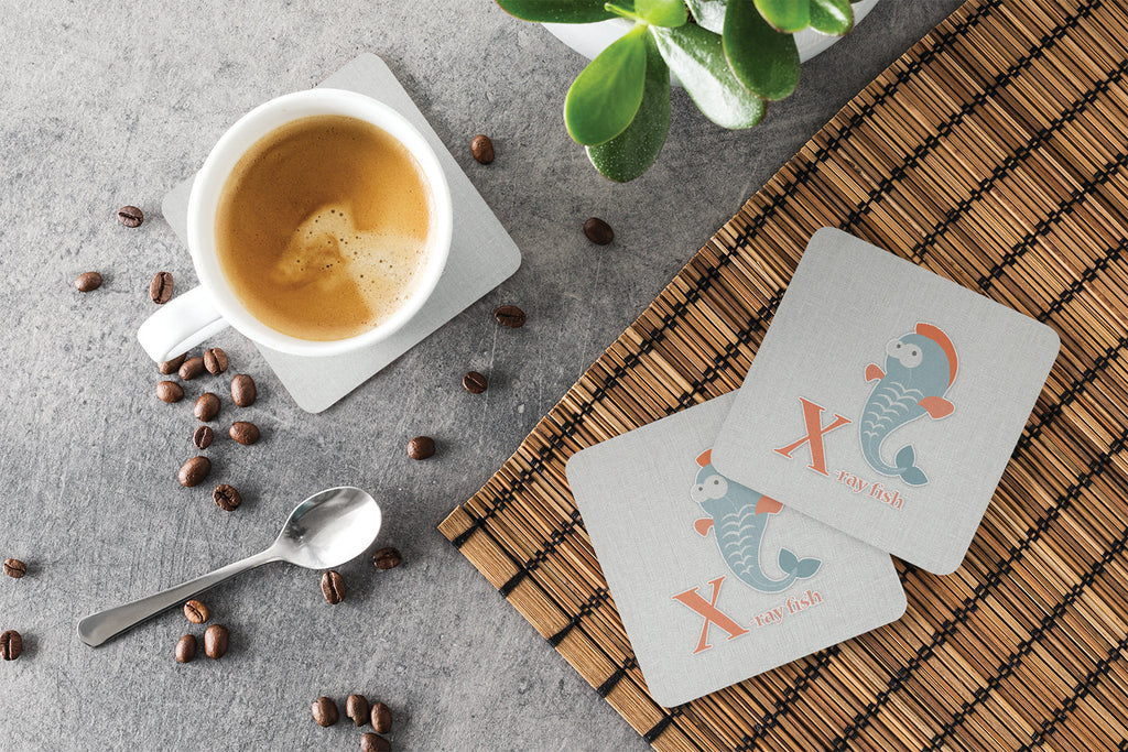 Alphabet X for Xray Fish Foam Coasters Set of 4 Cup Coasters for Indoor Outdoor, Tabletop Protection, Anti Slip, Mouse pad Material