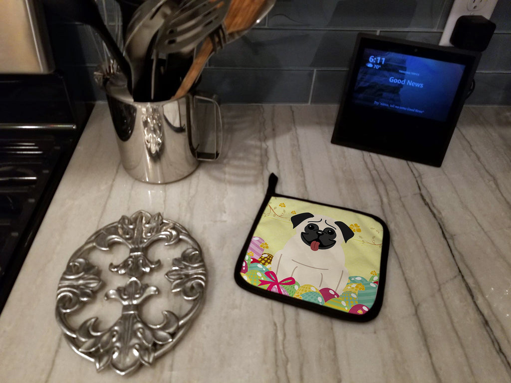Easter Eggs Pug Cream Pot Holder Set of 2 Heat Resistant Quilted Hot Pads 7.5 x 7.5 Inch, Insulated Kitchen Trivets for Cooking & Baking